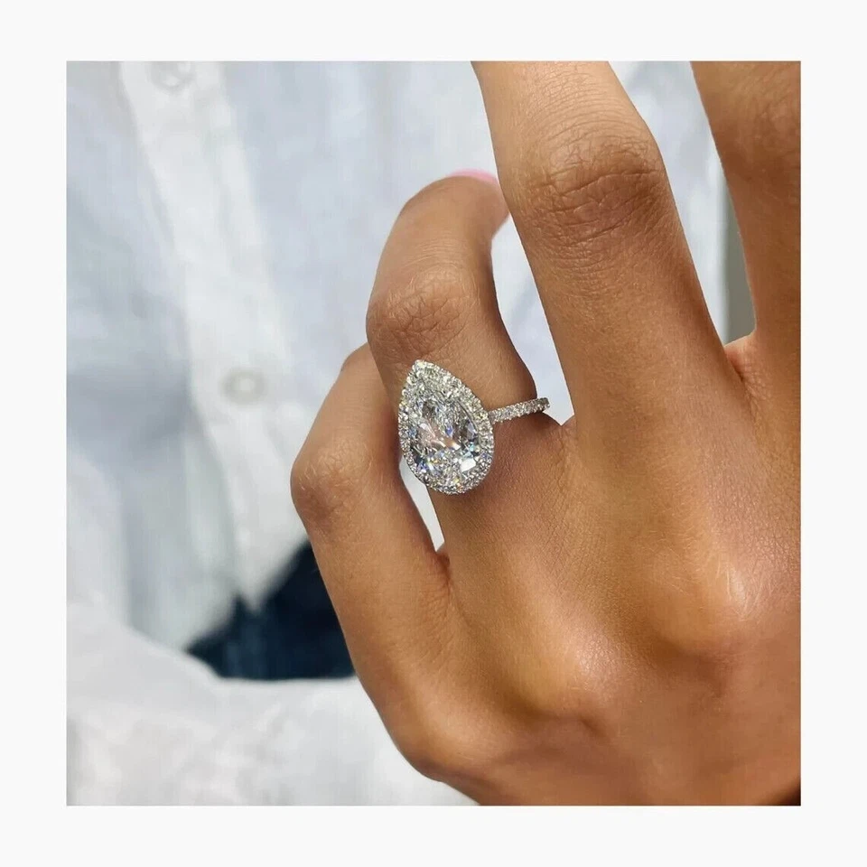 Привлекательный вид 3,86 карат грушевидной огранки выращенный в лаборатории бриллиант/CVD Halo кольцо 14k белое золото - Изображение 2 из 4