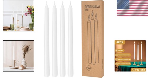 4 Pack White Taper Candles 10 Inch Dripless Long Burning Ideal for Weddings D... - Picture 2 of 8
