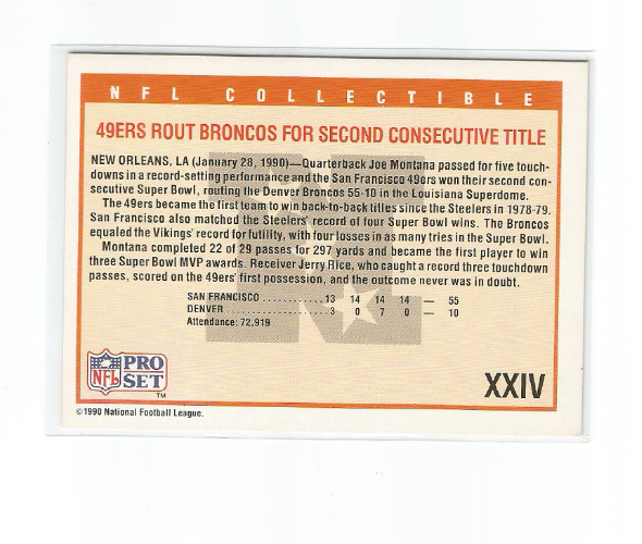 SUPER BOWL XXIV: 49ers VS. BRONCOS 1990 PRO SET NFL COLLECTIBLE
