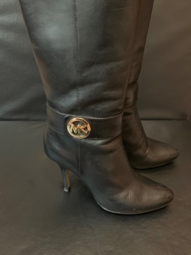 Michael Kors black leather tall pointy boots Sz 5.5 Gold Accent - Picture 2 of 6