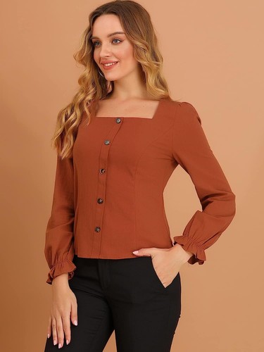 NWT SZ SMALL Allegra K Elegant Square Neck Button Ruffle Cuff Long Sleeve BLOUSE - Picture 4 of 5