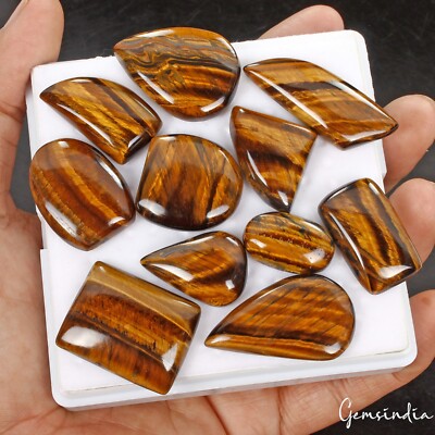 11 Pcs/390 Ct Natural Brown Tiger Eye Round Cab Loose 22-42mm Gems Lot gemsindia