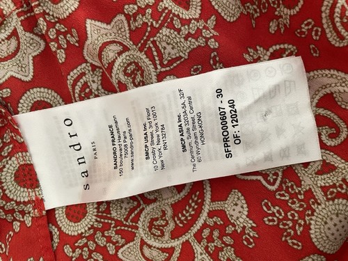 Sandro Size 36 Lane Red Paisley Floral Dress Flutter Ruffle Neck Scarf Tie - Picture 16 of 19