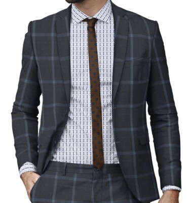 Men's Gray Suit Custom Made Windowpane Bespoke Tailored Business Suit