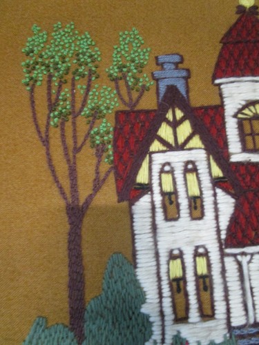 Vintage 23" x 19'' Framed Handmade Yarn Needlepoint Manor House Hall Yarn Art - Bild 17 von 24