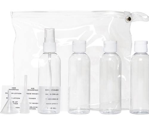 Juego de 8 botellas de viaje bolsa superior con cremallera etiquetas transparentes bomba embudo plástico Gforce - Imagen 6 de 6