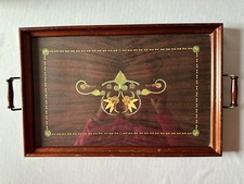 Vintage Mahogany Floral Decroative Tray Printed Paper Design Glass Top