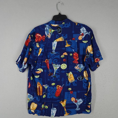 VTG Paradise Found Shirt Mens M Blue Button Up Hawaiian Camp Cocktails 90s USA - Picture 9 of 16