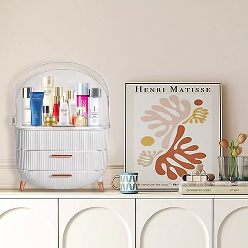 Oval Makeup Organizer White Storage Box, Portable with drawers & handle NIB - Picture 7 of 7