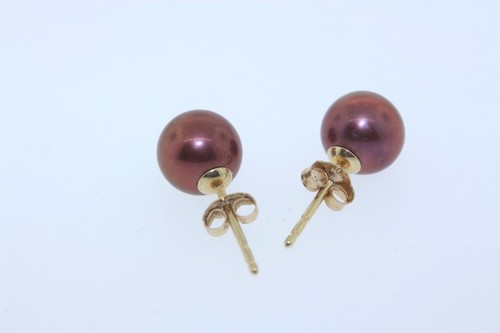 HONORA 14k Yellow Gold 6.5-7.0mm Dyed Purple Copper Genuine Pearl Stud Earrings - Picture 2 of 2