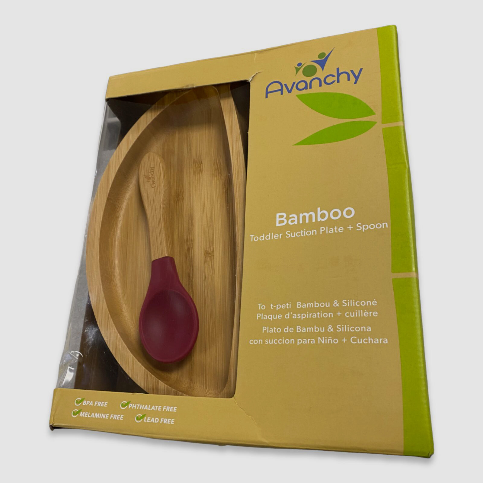 $27 Avanchy Magenta Wooden Bamboo Silicone Suction Toddler Plate Spoon Set - Picture 4 of 5