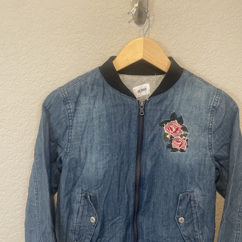 HUDSON Girls Size Large Denim blue Bomber Jacket Embroidered Rose Youth - Picture 4 of 11