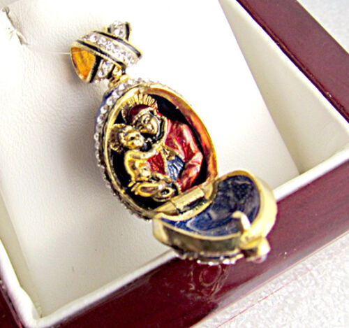 COLGANTE DE HUEVO DE MEDALLÓN ESMALTADO PLATA ESTERLINA SÓLIDA 925 Y ORO 24K MADRE DE DIOS - Imagen 1 de 1