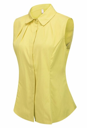 Women's Cotton Sleeveless Button Down Shirt Collared Pleated Blouse - Picture 29 of 37