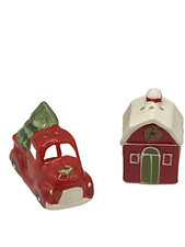 New Mini Truck With Tree Red Barn House Christmas Salt And Pepper Shaker Set