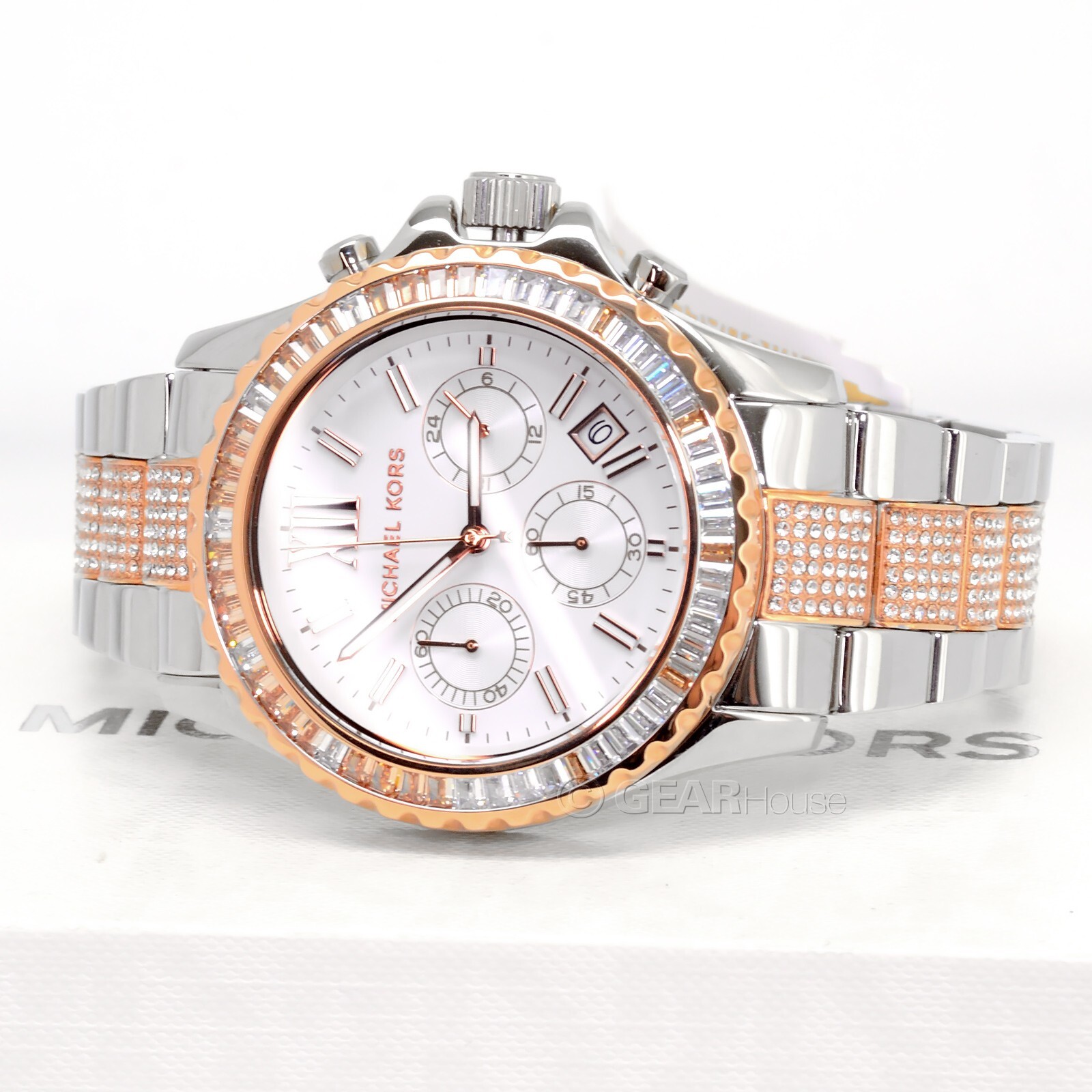 Большие женские часы Michael Kors Everest с инкрустацией кристаллами, серебро, Розовое золото