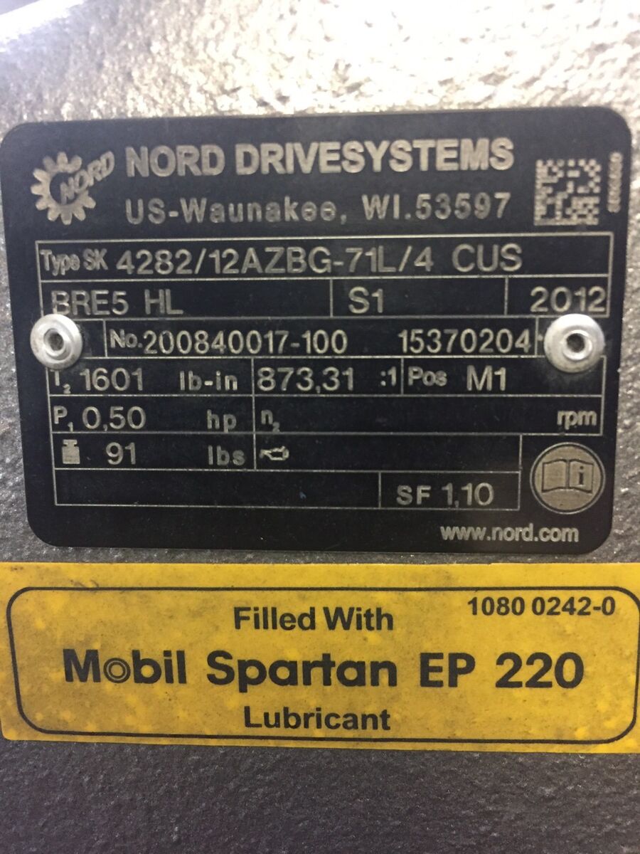 Nord Parallel Shaft Gear Unit w/.5 Hp Motor Type:SK4282 Nord Parallel Shaft Gear Unit w/.5 Hp Motor Type:SK4282