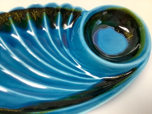 USA California Made Sea Shell Shaped Chip & Dip Dish Platter Blue Aqua R-134 - Picture 4 of 11