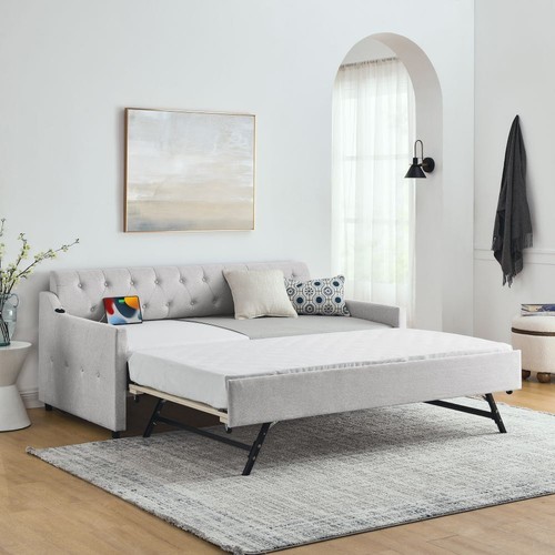 Twin/Full to King Size Daybed Button Trim Bed w/Pop Up Trundle & USB Type-C Port - Picture 6 of 48