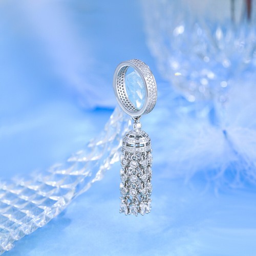 Silver Plated Cubic Zirconia Micro Pave Long Tassel Charms Round Engagement Ring - Picture 7 of 13