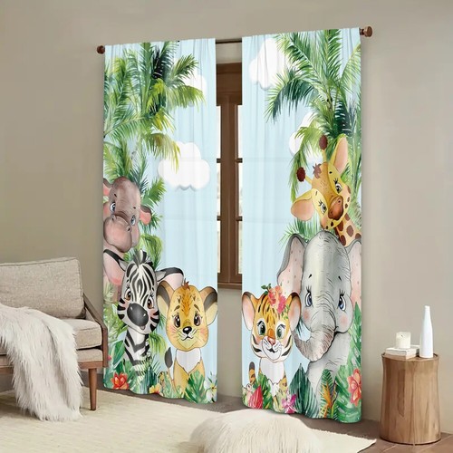 2 Panels Jungle Animals Cartoon Curtains Window Drapes for Bedroom Living Room - Picture 9 of 39