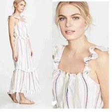 Misa Los Angeles Cream Chambray Striped Idonia Flutter Sleeve Midi Dress Boho XS
