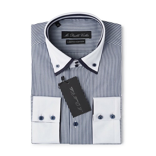 MrDoubleCollar Mens Italian Striking Navy Smart Double Collar Longsleeve Shirt - Picture 3 of 10