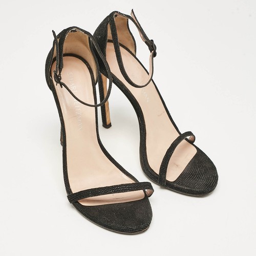 Stuart Weitzman Black Textured Suede Ankle Strap Open Toe Sandals Size 38 - Picture 6 of 9