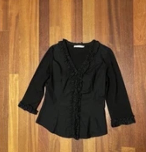 Anne Fontaine Black Ruffle Front Buttoned 3/4 Sleeves Blouse Sz 40~ Stylish - Picture 10 of 10
