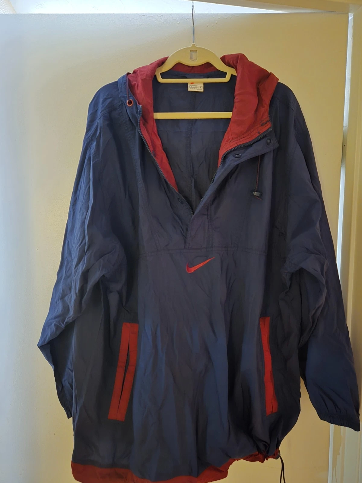 Vintage Nike Jacket Mens L 90s 1/2 Zip Navy/Red Hooded Windbreaker