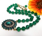 Gold Tone, Green Crystal Bead & Rhinestone Pendant Necklace 22"