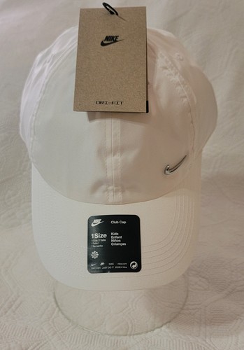 Nike Dri-FIT Club Cap KIDS One Size White Adjustable Strap Silver Swoosh Logo