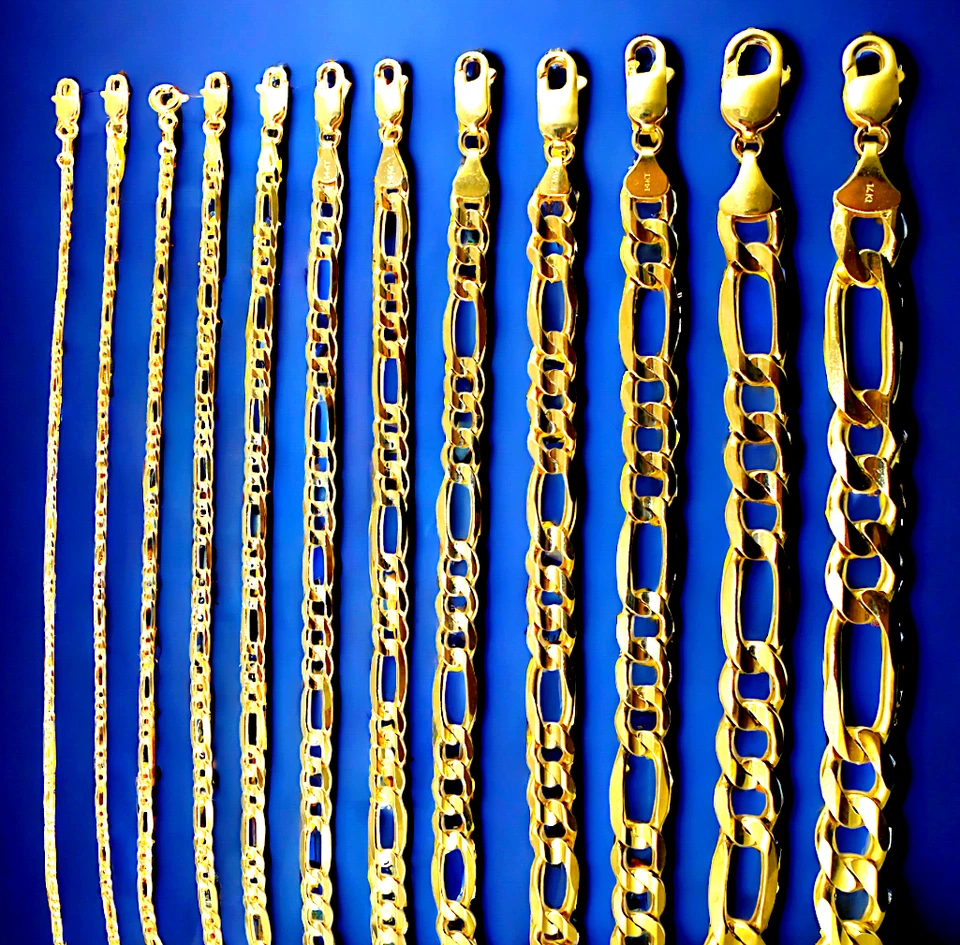 Collar Figaro de oro amarillo de 14K sólido eslabón de cadena oro real 1,5 mm-12 mm 16"-30"