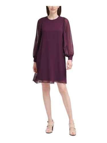 CALVIN KLEIN Womens Purple Lined Back Tie-cuffs Balloon Sleeve Dress Petites 0P