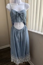 LoveShackFancy Blue Embroidered Maxi Dress XS Smocked Waist Floral Hem
