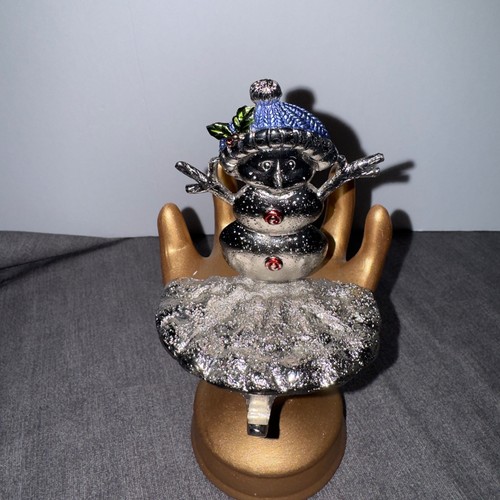 Silvertone Cast Metal Snowman Red buttons ,Blue Hat Mantle/Shelf Stocking Hanger - Picture 7 of 10