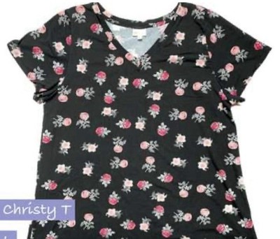 LuLaRoe Christy V-Neck T - Black With Floral Print - XXS