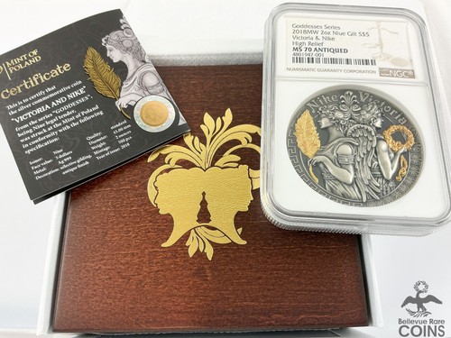 2018 Niue GODDESS SERIES: VICTORIA & NIKE .999 Silver 2oz Coin NGC MS70 ANTIQUED