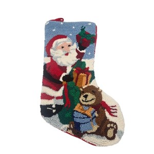 Hand Hooked Yarn Christmas Stocking Santa Teddy Bear Presents Holiday Decor