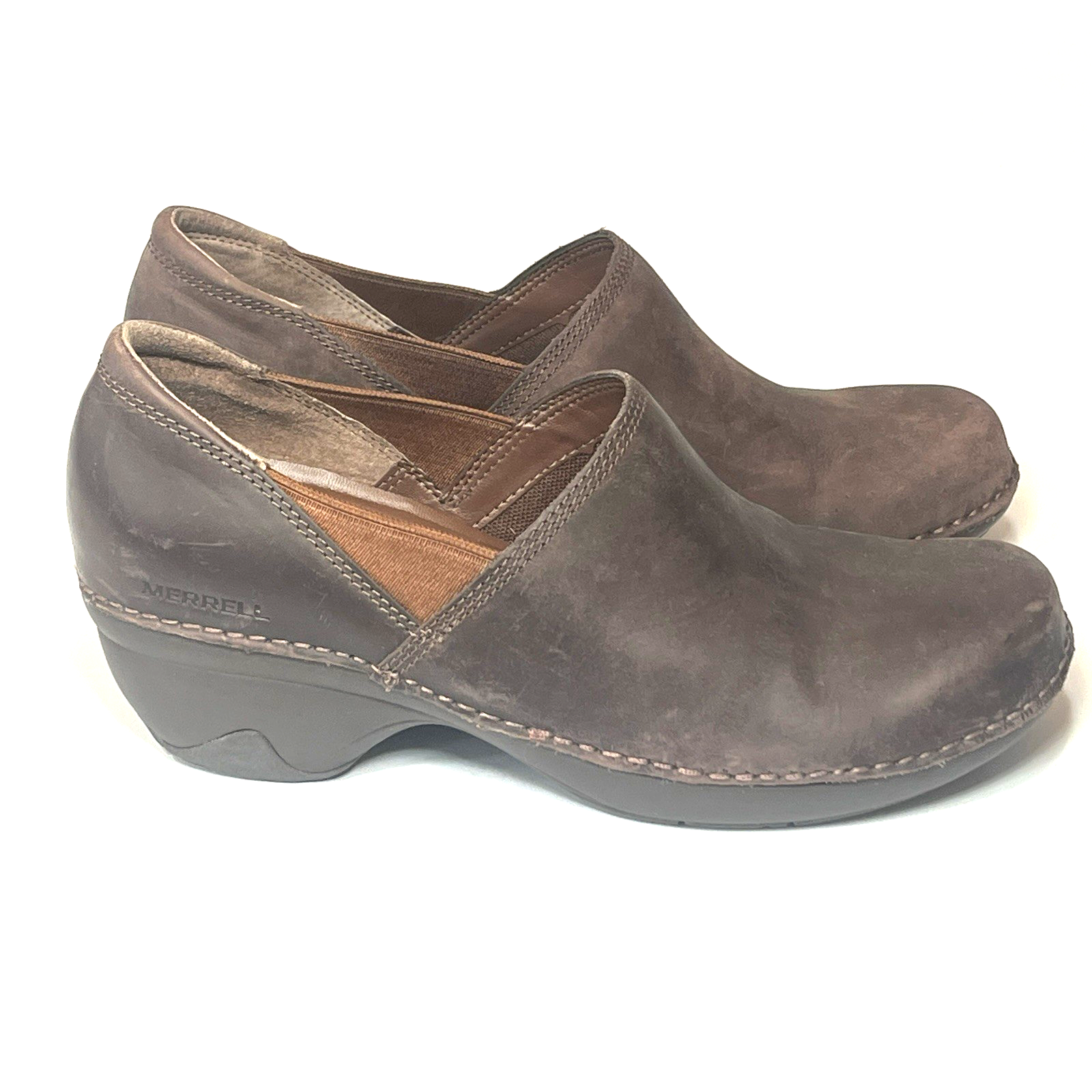 Zoccoli Merrell Emma bruni taglia 8 5 scarpe donna pelle marrone slip on comode