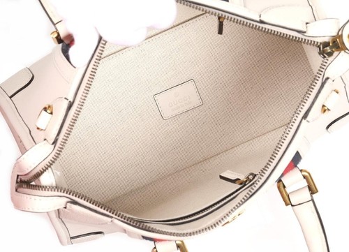 NEW GUCCI BAULETTO WHITE LEATHER WEB LOGO DOUBLE HANDLE SHOULDER TOTE BAG - Picture 8 of 8