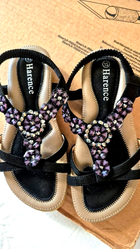 Harence - Black Sandals with Sparkling Beaded Flower Pattern Size 6.5 Low Heel - Picture 9 of 15