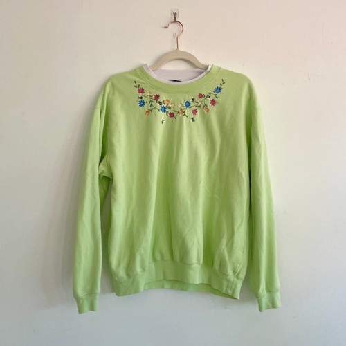 trillogy - Vintage Green High Neck Floral Embroidered Pullover Sweater Size L