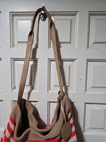 The Sak Purse Tan Red Restripe Crochet Bucket Shoulder Bag Boho Carryall Leather - Picture 3 of 20