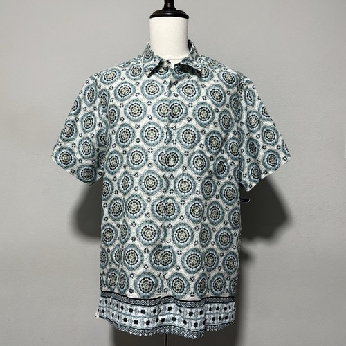 Club Room Men's Geometric Medallion Linen Luxury Shirt Navy Blue Green Size XL