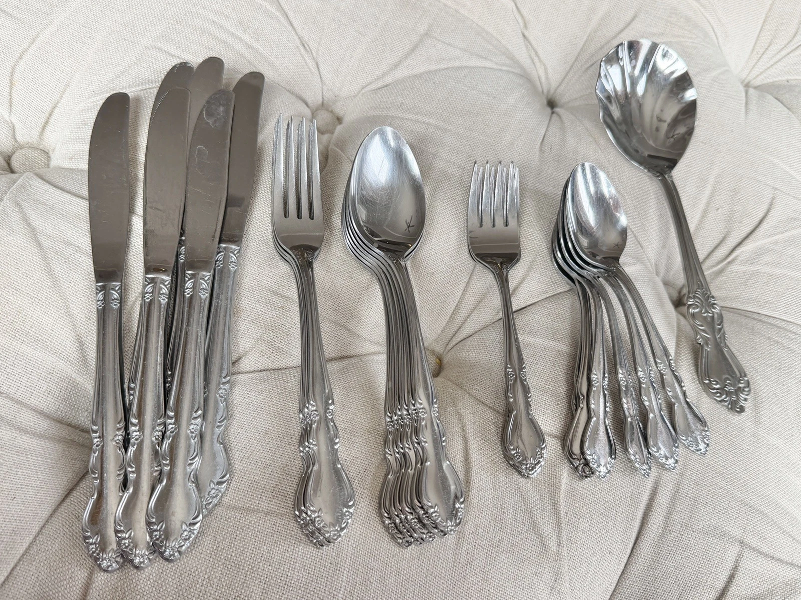 27 piece Vintage Oneida Precious Roses Stainless Flatware Japan Cutlery Set.