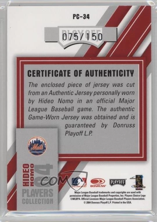 2004 Donruss Studio Players Collection Relics Red /150 Hideo Nomo #PC-34 - Image 2 of 2