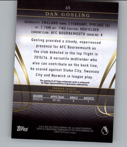 Dan Gosling - 2016 Topps Premier Gold - Autographs Auto - Picture 2 of 2
