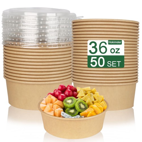 50 Pack 36oz Large Paper Bowls with Lids, Disposable Compostable Kraft Paper ...