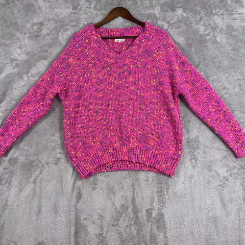 Main Strip Sweater Womens Large Pink V-Neck Long Sleeve Knit Casual Pullover - Picture 1 of 13